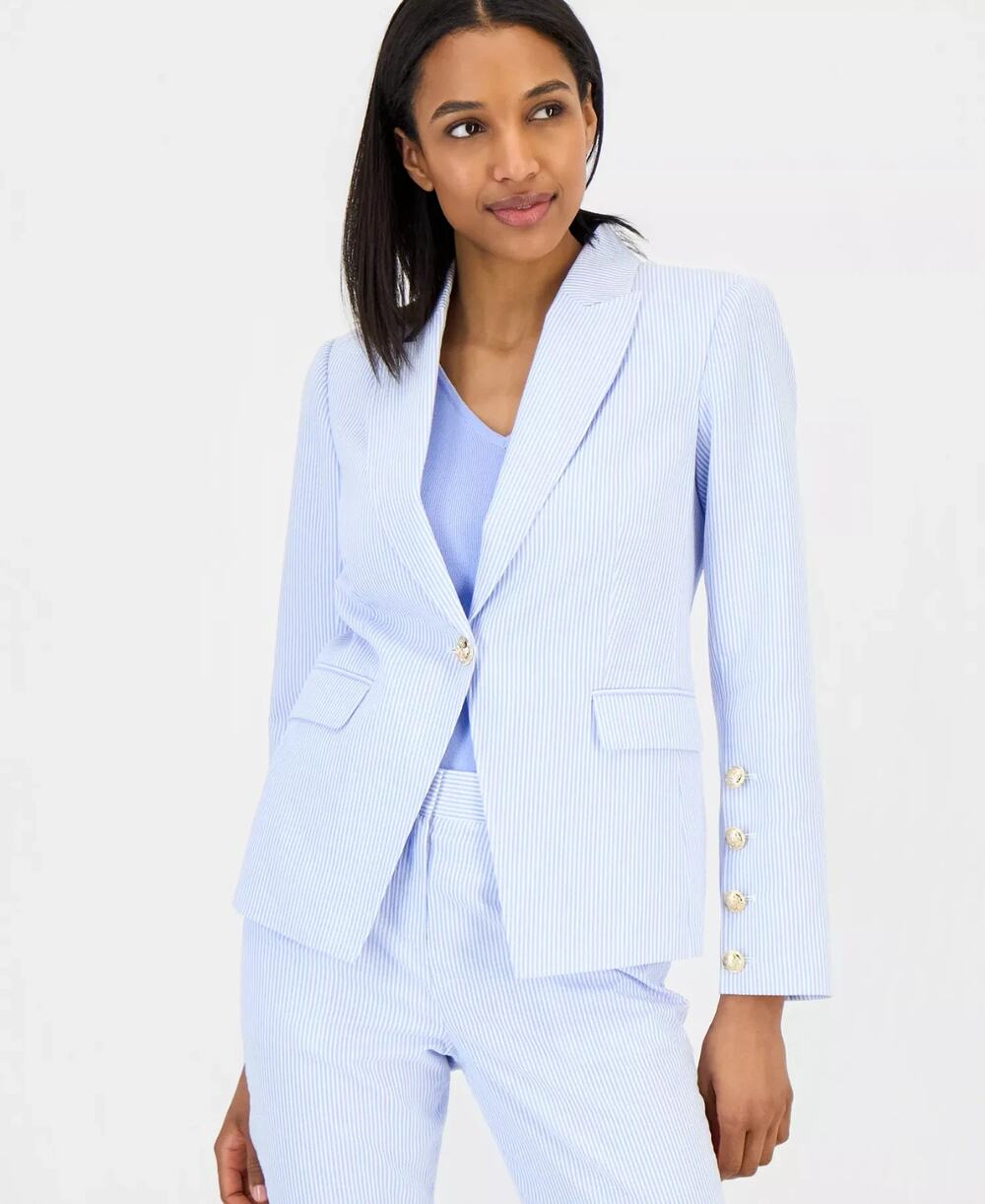 Tahari ASL Peak Lapel Collar One-Button Seersucker Blazer Blue Size 2 3779